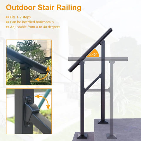 7 Step Outdoor Handrail Built From Galvanized Carbon Steel With Double Layer Protection Powder Coated Black Iron Stair Railing detail