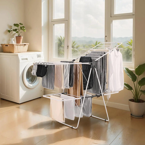 Heavy Duty Two Tier Clothes Drying Rack With 31 Sturdy Rods And Sock Clips Foldable Metal Laundry Stand Adjustable Height For Indoors Or Yard No Sweat Dry Setup with wet clothes in a bright room.