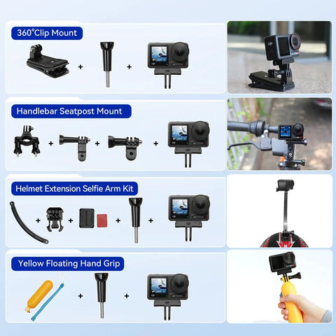 Osmo Action 4 Waterproof Action Camera Bundle with mounts and accessories for versatile outdoor use.