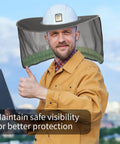 9 Piece Hella Solid Hard Hat Sun Shade With Reflective Strip And Full Brim Mesh Neck Cover For Long Day Shifts Keep Your Face Cool In High Visibility Gray Slick Fit worn by a worker with laptop outdoors.
