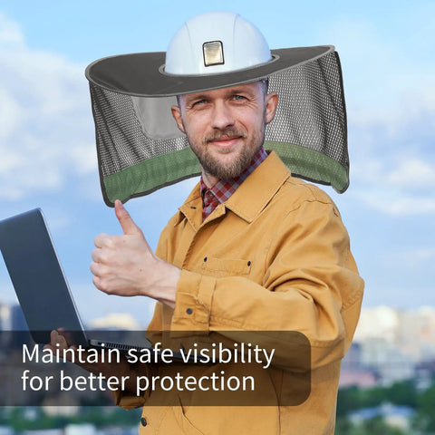 9 Piece Hella Solid Hard Hat Sun Shade With Reflective Strip And Full Brim Mesh Neck Cover For Long Day Shifts Keep Your Face Cool In High Visibility Gray Slick Fit worn by a worker with laptop outdoors.