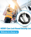 Round Cam Lock Security Lock Black For Electric Control Panels with zinc alloy build, shown with keys near an electrical enclosure.
