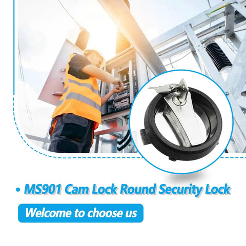 Round Cam Lock Security Lock Black For Electric Control Panels with zinc alloy build, shown with keys near an electrical enclosure.