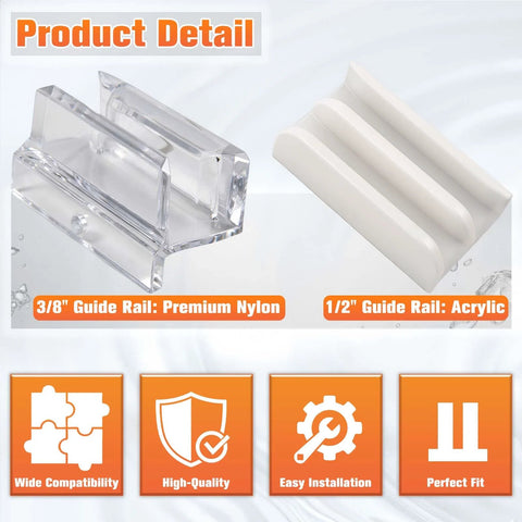Sliding Shower Door Bottom Guide Rail Set For 1/2 Inch And 3/8 Inch Glass Tracks showing nylon and acrylic rail materials