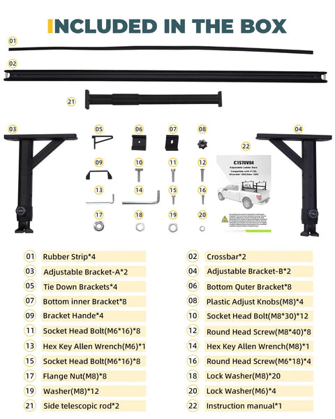 Adjustable Aluminum Truck Ladder Rack With Side Bar Clamp On No Drill Install Fits F150 Silverado Ram Sierra Heavy Duty 1100 Lbs Capacity kit parts laid out
