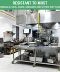 Four green 4-inch caster wheels on a stainless steel commercial kitchen cart.