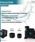 6,100 GPH Submersible Pond Pump With 33 Foot Power Cord And 24 Foot Max Head 354W with adaptors and fittings displayed.