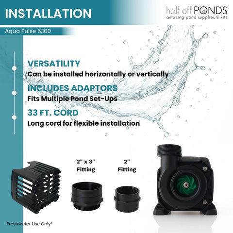 6,100 GPH Submersible Pond Pump With 33 Foot Power Cord And 24 Foot Max Head 354W with adaptors and fittings displayed.