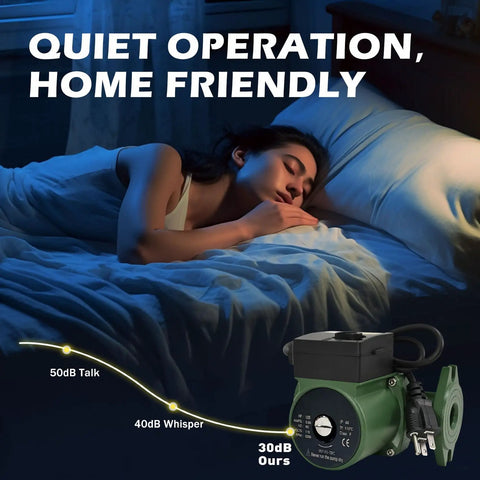 Heavy Duty Cast Iron Circulator Pump Three Speed Hot Water Heater With Built In Check Valve One Inch Flanged Connection Quiet operation with compact design next to a sleeping person.