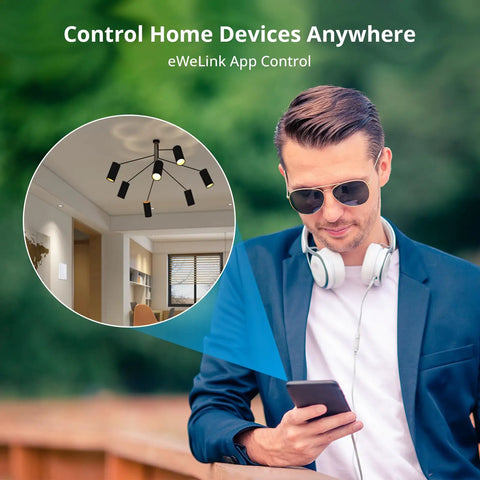 Man in sunglasses using phone to control lights with Two Gang 1 Way WiFi Touch Light Switch For Alexa And Google Home, 2.4 GHz Only, RF433 Remote Control.