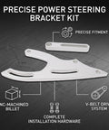 Heavy Duty Billet Aluminum CNC Power Steering Pump Bracket Kit Mid Mount V Belt Fit For 289 302 351W SBF Engines Plus 64-69 Cars And Trucks Make Your Ride Rock Smooth. CNC-machined billet power steering bracket kit with V-belt drive and hardware