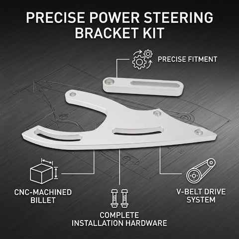 Heavy Duty Billet Aluminum CNC Power Steering Pump Bracket Kit Mid Mount V Belt Fit For 289 302 351W SBF Engines Plus 64-69 Cars And Trucks Make Your Ride Rock Smooth. CNC-machined billet power steering bracket kit with V-belt drive and hardware