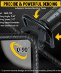 Heavy Duty 1800W Electric Hydraulic Rebar Bender Straightener With Portable Toolbox showing bending angle from 0 to 90 degrees.
