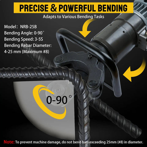 Heavy Duty 1800W Electric Hydraulic Rebar Bender Straightener With Portable Toolbox showing bending angle from 0 to 90 degrees.