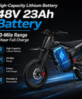 Beast 3000W Electric Dirt Bike For Teens And Adults 40 MPH Top Speed 53 Mile Range 48V 23Ah Battery 14 And 12 Inch Tires Dual Disc Brakes Full Suspension Off Road Ride, black with removable battery