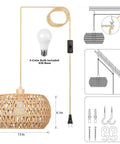 Qingmiao Boho Plug in Pendant Light with handwoven shade, 13in diameter, 14ft cord, includes 3-color E26 bulb.