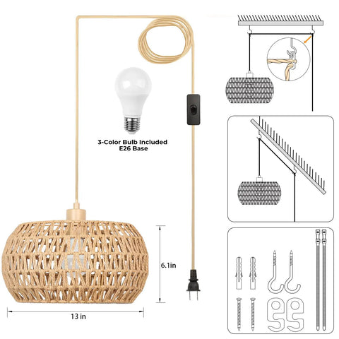 Qingmiao Boho Plug in Pendant Light with handwoven shade, 13in diameter, 14ft cord, includes 3-color E26 bulb.