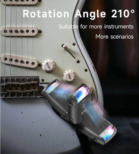 RGB Lighting Wireless Guitar System With 230 Ft Range For Guitars And Basses, shown attached to a guitar at 210° angle