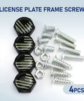Top Shelf Pack Of Four License Plate Screws With A Badass American Flag Etched On Rust Proof Aluminum Alloy For Cars Trucks And Motorcycles Heavy Duty Slick Finish, shown with screws and nuts.