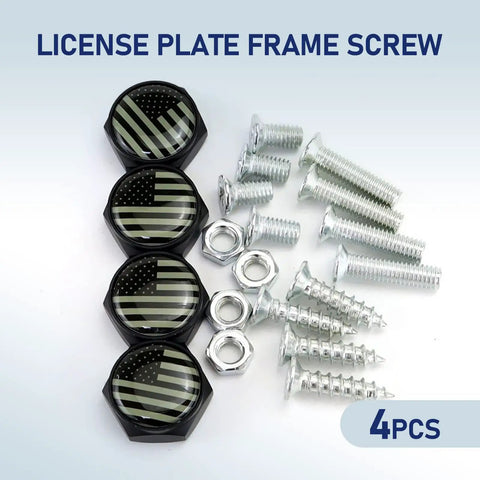 Top Shelf Pack Of Four License Plate Screws With A Badass American Flag Etched On Rust Proof Aluminum Alloy For Cars Trucks And Motorcycles Heavy Duty Slick Finish, shown with screws and nuts.