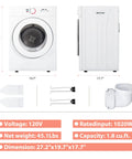 Front and side view of white Euhomy 1.8 cu ft compact clothes dryer with exhaust duct and stainless steel drum
