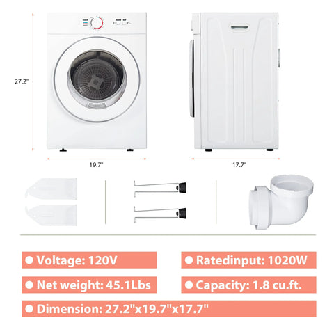 Front and side view of white Euhomy 1.8 cu ft compact clothes dryer with exhaust duct and stainless steel drum