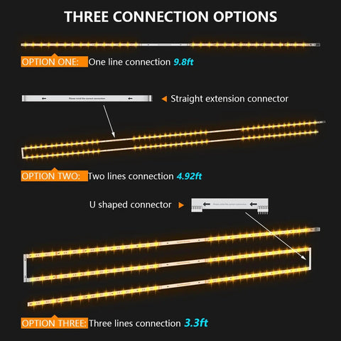Three connection options for the RGBW Under Cabinet Lighting Kit With App And Remote Control 6 PCS LED Strip Lights, 9.8 feet.