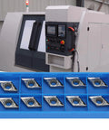 10pc CNC Lathe Inserts Blade Cutter Set For Turning Tool DCGT11T304AK H01 And DCGT3251AK H01 displayed with lathe machine