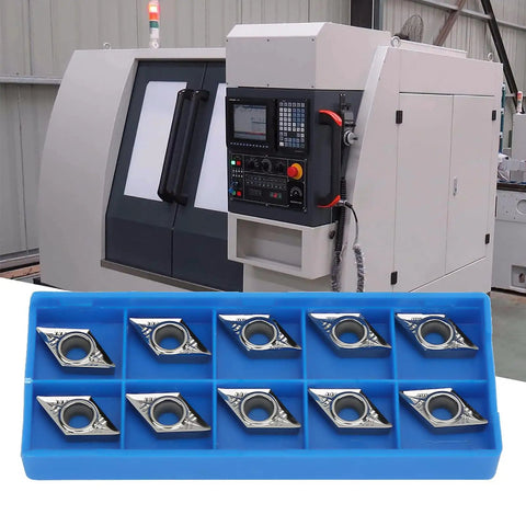 10pc CNC Lathe Inserts Blade Cutter Set For Turning Tool DCGT11T304AK H01 And DCGT3251AK H01 displayed with lathe machine