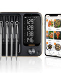 Four Probe WiFi Wireless Meat Thermometer With 360 Degree Readable LCD, Standalone Base, Bluetooth 5.3 next to smartphone app