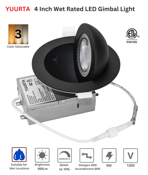 4 Inch Adjustable Eyeball LED Recessed Gimbal Light 9W 120V 900 Lumen Dimmable Color Temperature 3000K 4000K 5000K Wet Rated