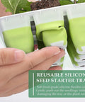 Reusable Seed Starter Kit With 72 Cell Silicone Seedling Trays Flexible Pop Out Cells shown with hand pushing out seedling
