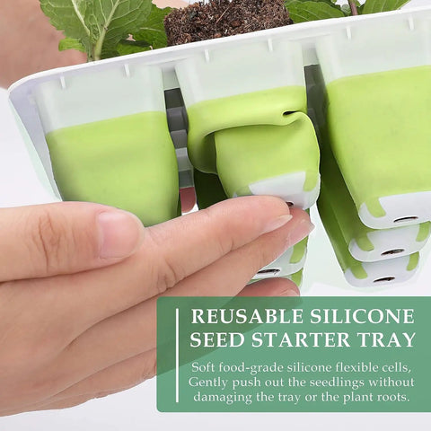 Reusable Seed Starter Kit With 72 Cell Silicone Seedling Trays Flexible Pop Out Cells shown with hand pushing out seedling