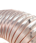 Built Tough Flexible Dust Collector Hose Featuring Puncture Resistant Walls And Snug Seal Clamp For No Fuss Heavy Duty Woodshop Smoke Extraction Work, close-up of tube structure.