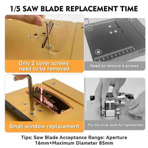 Craft Table Saw With Dual 795 Motors And Switches, 200W Power, 12,000 RPM, 26mm Adjustable Height, blade replacement steps