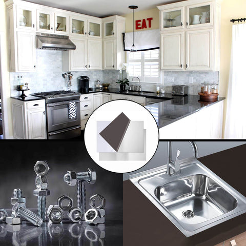 Collage showing 430 Stainless Steel Sheet Metal 8 By 12 Inch One Thirty Second Inch Plates, kitchen application, bolts, and a sink.