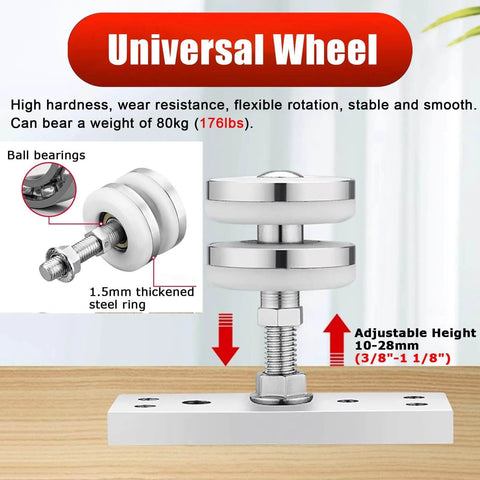 Bi-Folding Barn Door Hardware Sliding Track Kit For Double Wood Doors Beefy Heavy Duty Steel Rail With Hidden Ceiling Mount Whisper Quiet Smooth Roller System 118 Inch Long Track And Hardware Set, showing universal wheel component with adjustable height.