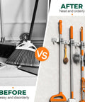 Stainless Steel Broom And Mop Wall Mount Organizer With Three Racks And Four Hooks Heavy Duty Space Saver Easy Install shown in use