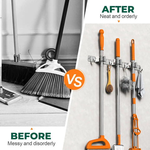Stainless Steel Broom And Mop Wall Mount Organizer With Three Racks And Four Hooks Heavy Duty Space Saver Easy Install shown in use