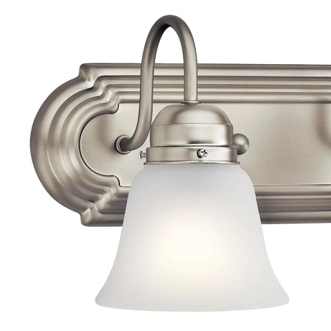 Close-up of brushed nickel base and satin etched glass shade on Brushed Nickel 2 Light Vanity Bath Light With Satin Etched Glass Shades