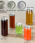 Different sizes and styles of cans with lids on display, used for 200 Pack Disposable Plastic Can Sealer Cups With Aluminum Lids Leak Proof PET Bottles 11.2 Ounces Each With Caps That Fit Can Sealing Machines Ideal For Juice Coffee Beer Desserts And Smoothies.