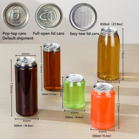 Different sizes and styles of cans with lids on display, used for 200 Pack Disposable Plastic Can Sealer Cups With Aluminum Lids Leak Proof PET Bottles 11.2 Ounces Each With Caps That Fit Can Sealing Machines Ideal For Juice Coffee Beer Desserts And Smoothies.
