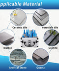 Diamond Drill Bit Set For Tile And Glass 9 Piece Includes 6mm 8mm 10mm 20mm 25mm 35mm 50mm Diamond Hole Saw Bits 35mm Beveling Chamfer Bit SDS Adapter For Glass Ceramic Porcelain Marble Brick Granite Pots with materials shown like marble, granite, ceramic, quartz, porcelain, and artificial stone.