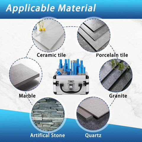 Diamond Drill Bit Set For Tile And Glass 9 Piece Includes 6mm 8mm 10mm 20mm 25mm 35mm 50mm Diamond Hole Saw Bits 35mm Beveling Chamfer Bit SDS Adapter For Glass Ceramic Porcelain Marble Brick Granite Pots with materials shown like marble, granite, ceramic, quartz, porcelain, and artificial stone.