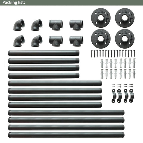 Industrial 37 Inch Ceiling Mount Shelf Kit in Black With 2 Pairs U Shape Plumbing Pipe Brackets and screws shown