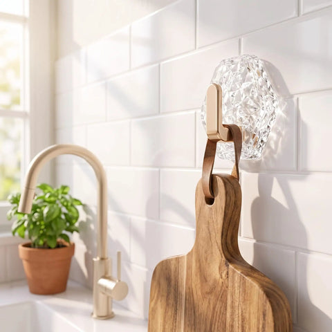 Water Ripple Hexagonal Adhesive Wall Hooks, Super Grippy No Drill Bathroom and Kitchen Organization System for hanging a wooden cutting board.