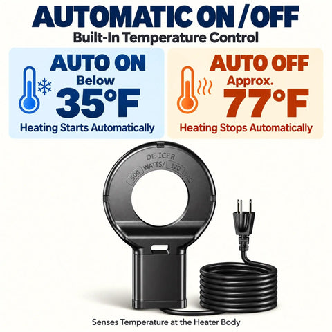 Heavy Duty Chicken Water Heater With Smart Thermostat For Livestock Troughs Submersible 500W Cast Aluminum Deicer showing thermostat control.
