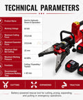 Cordless Hydraulic Shear and Spreader Tool Behemoth with dual batteries, 313.8kN capacity, for outdoor metal cutting and expansion.