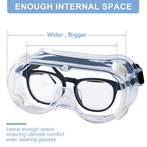 Front view of clear safety goggles with a black inner frame and over-glasses design.
