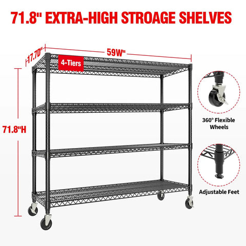 Beefy 4-Tier Garage Shelving Unit On Wheels With Extra Wide 59 Inch By 71.8 Inch Rack, 2640 Lbs Capacity, Rolling Wire Shelving
